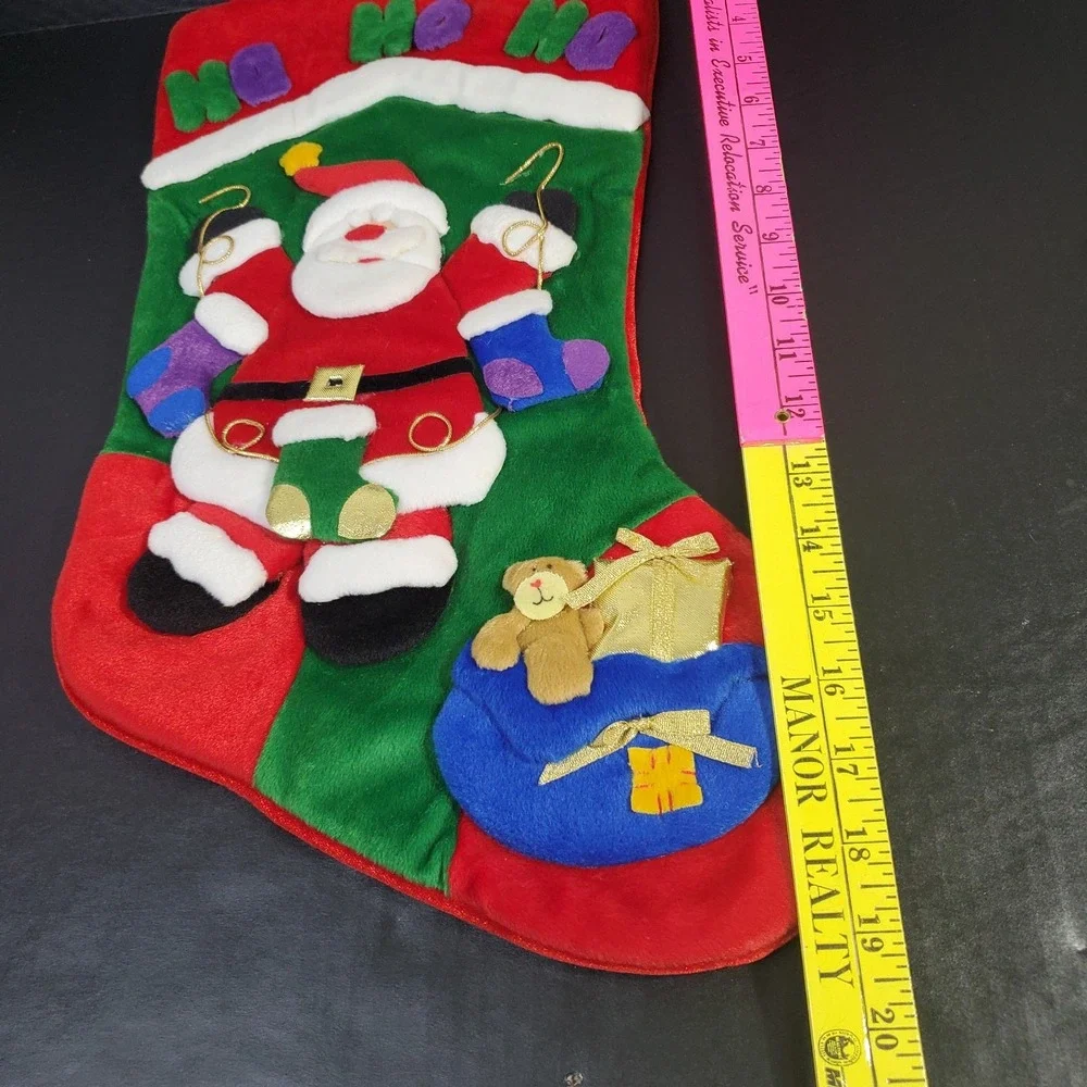 HO HO HO Velour Plush Christmas Stocking Applique Santa Hanging Mittens‎ 19